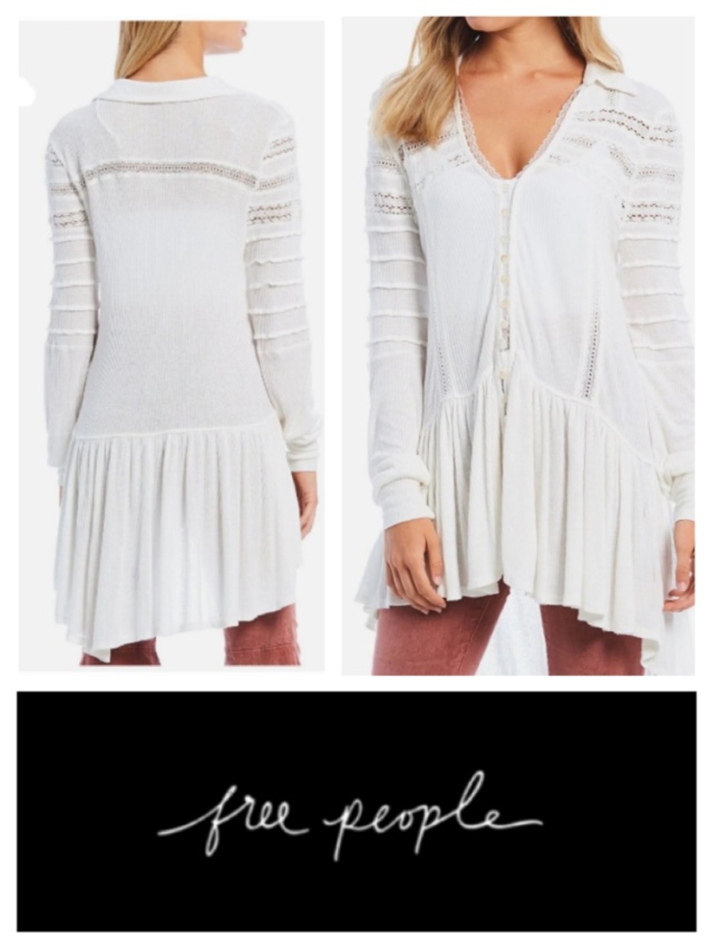 Free People Set to Stun white long-sleeve lace-inset babydoll tunic top.